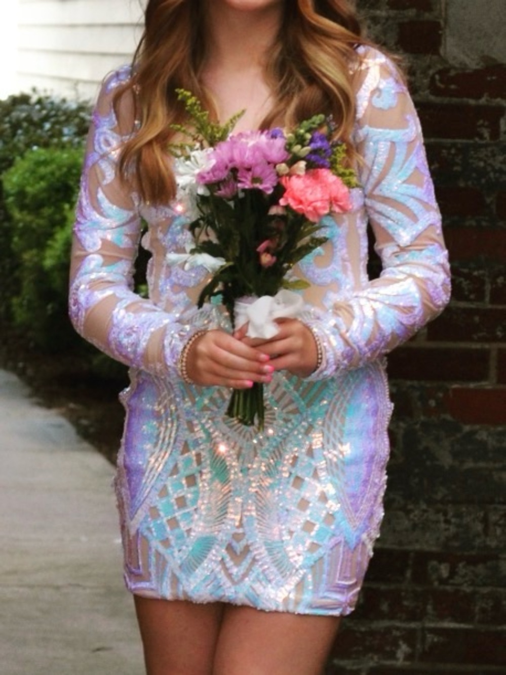 Lucy in the Sky Iridescent Sequin Long Sleeve Mini Dress - Lavender & Aqua